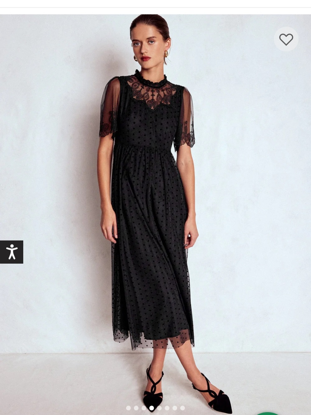 ISO!!!Boden Black Lace Midi Dress with Sheer Polka-Dot Overlay